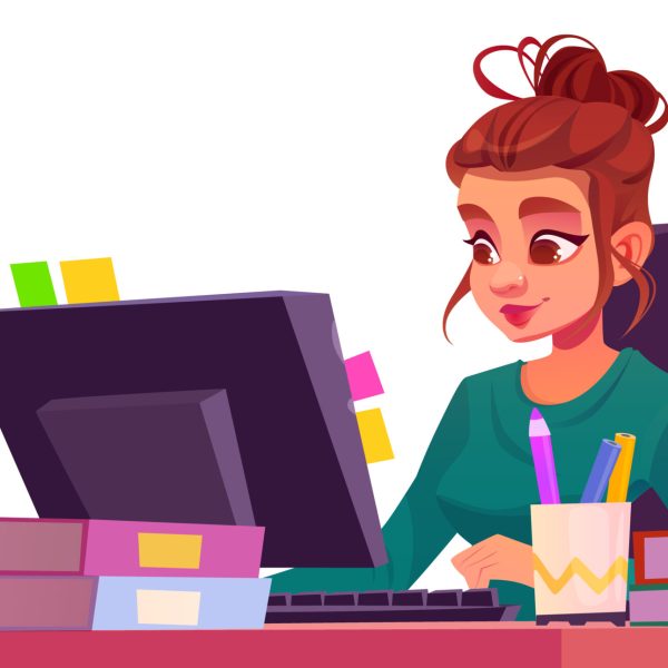 Girl student on desk do homework for school vector. Young woman study with laptop sitting on table. Smart teenage author write journal. Female teen learning in university or college design concept